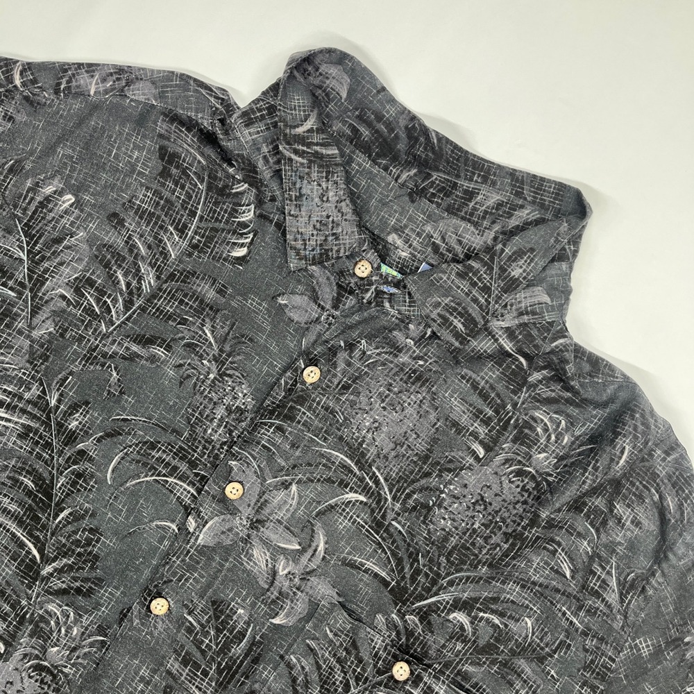 Campia Mens 2XL‎ Black Grey Tropical Palm Pineapple Rayon Button Up Shirt Y2K